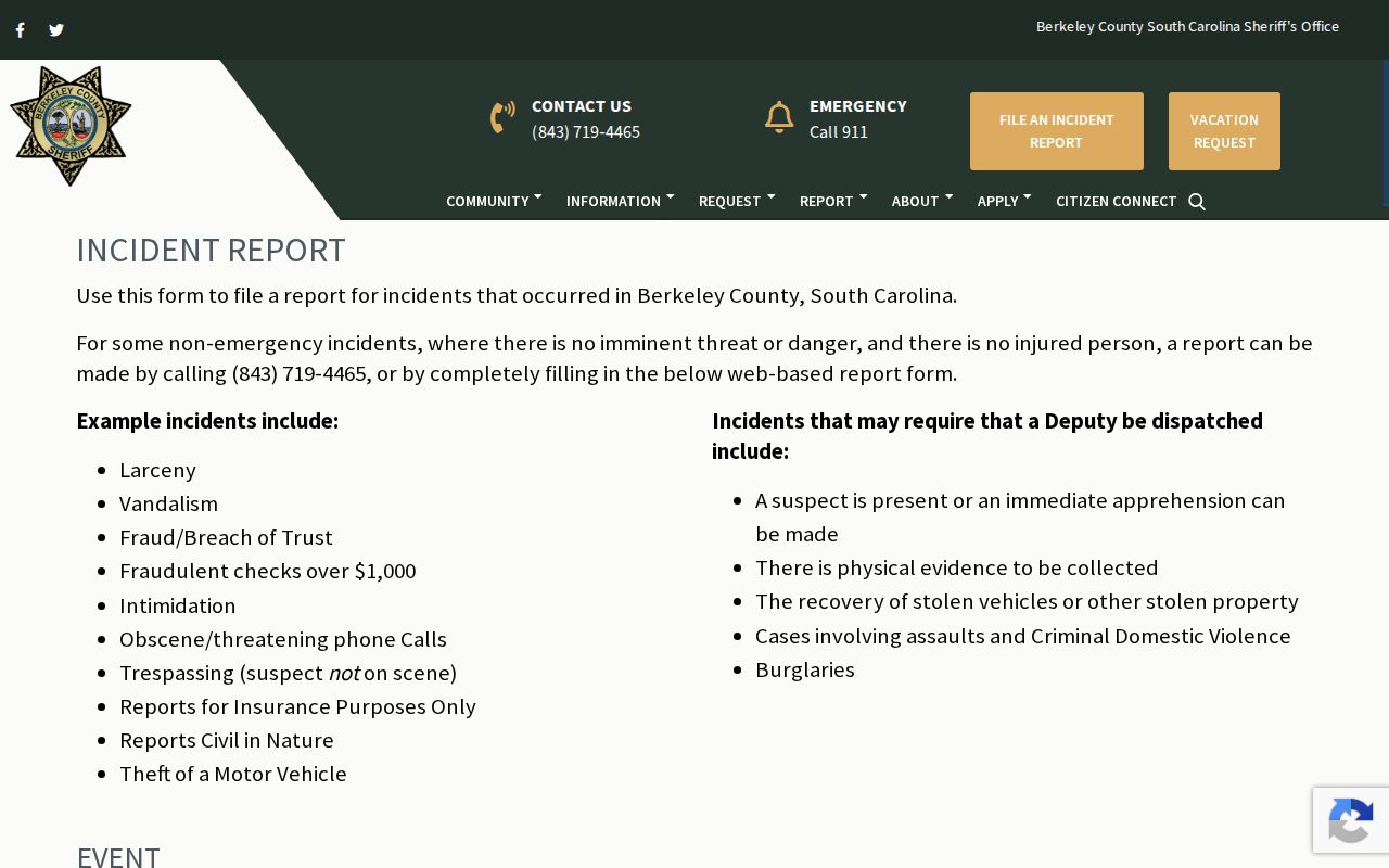 Berkeley County arrest records incident report form