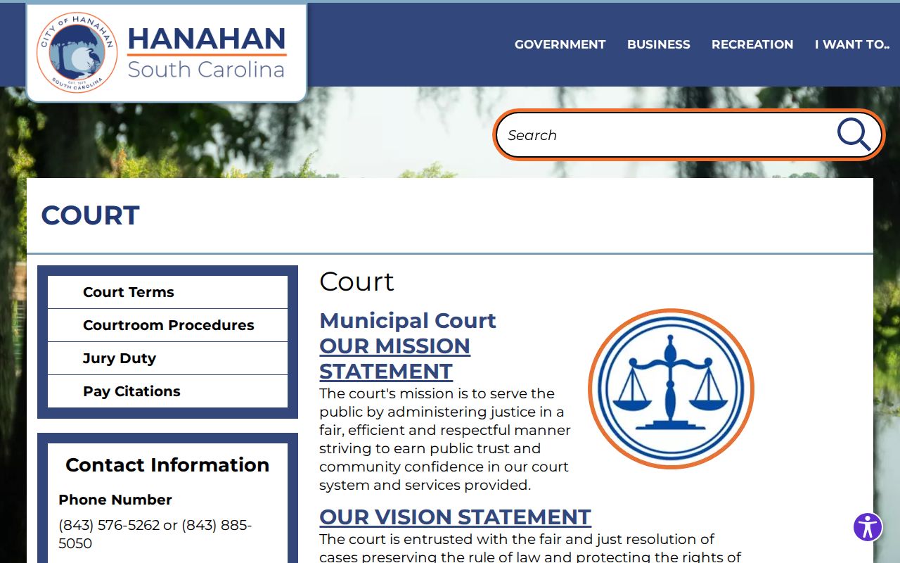 Official Hanahan Municipal Court page showing local court information
