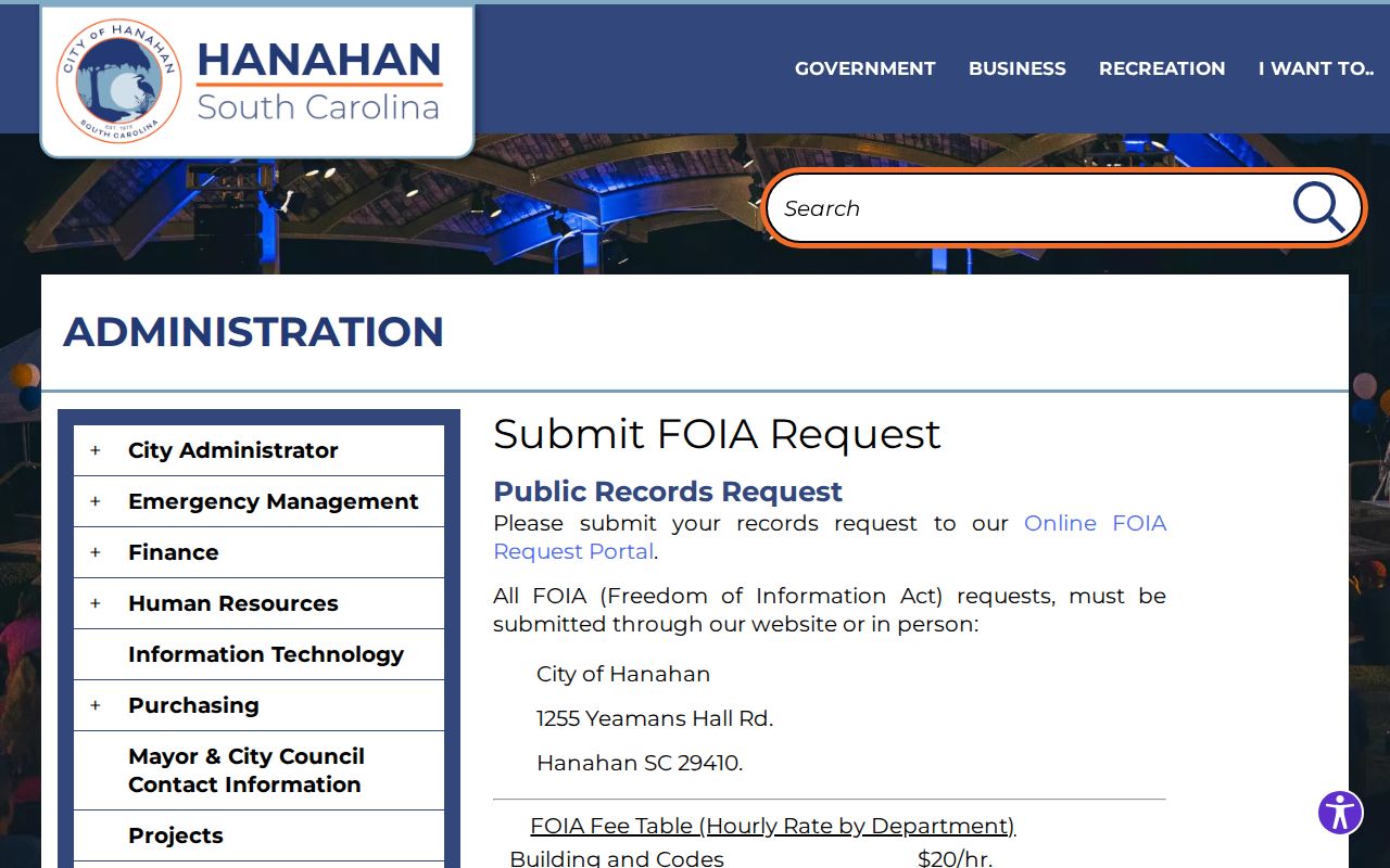 Hanahan online FOIA request page with city records instructions and fees