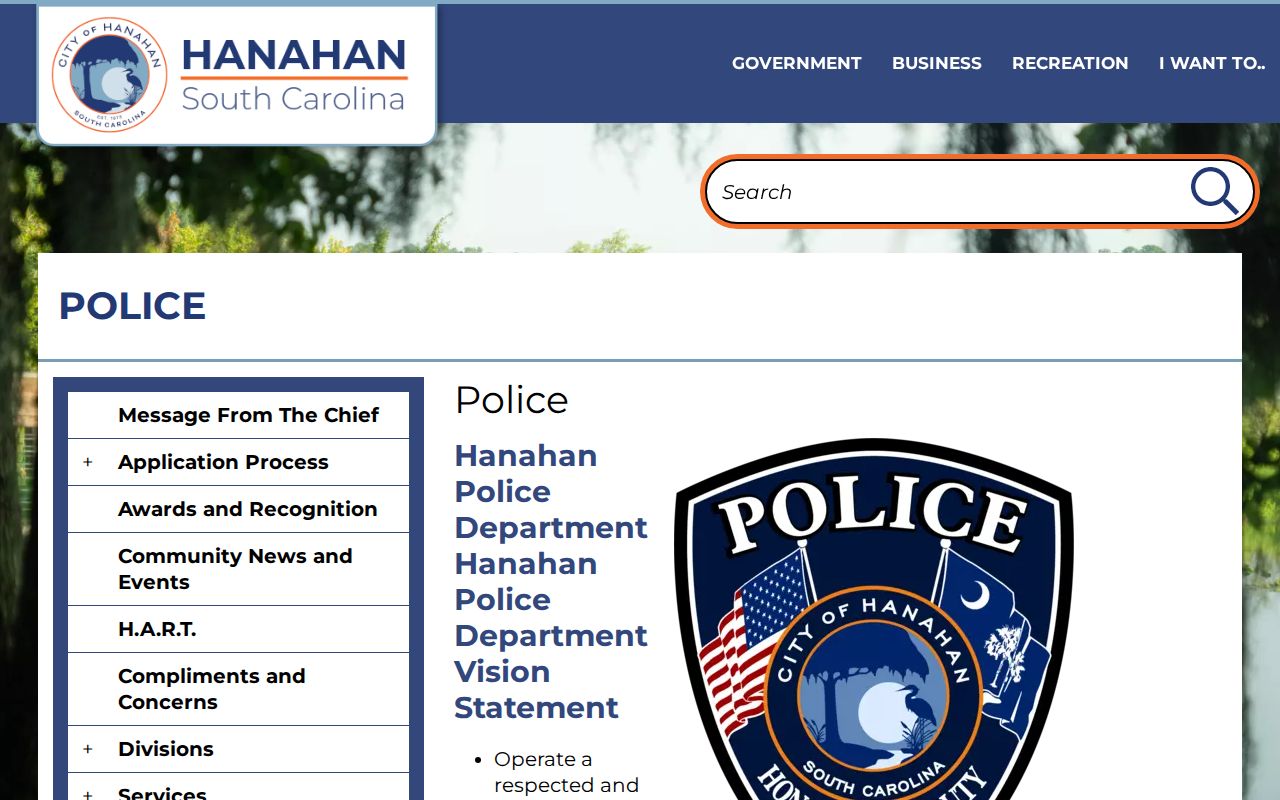 Official Hanahan Police Department web page for local police records information