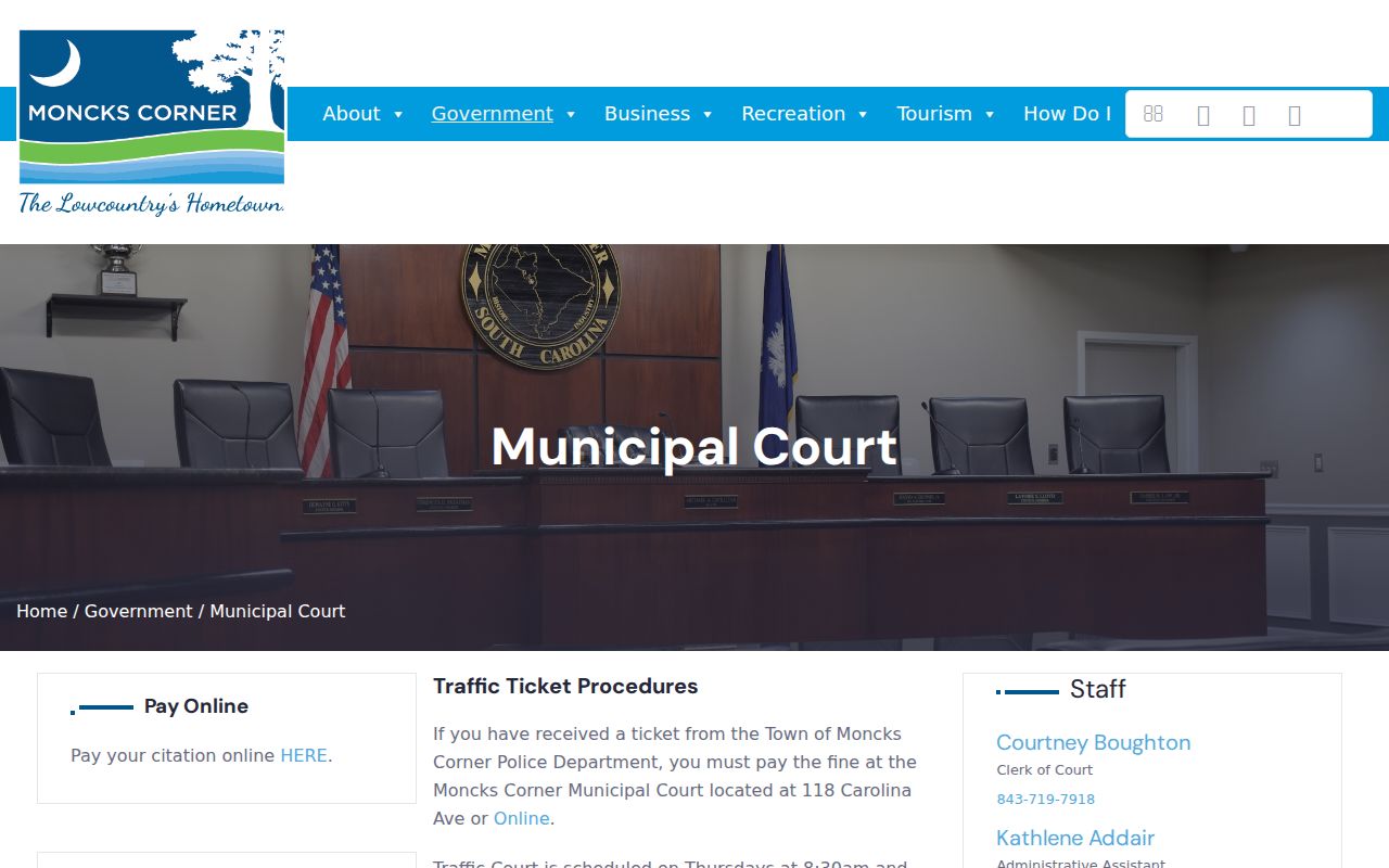 Moncks Corner Municipal Court page with Thursday court calendar and rules