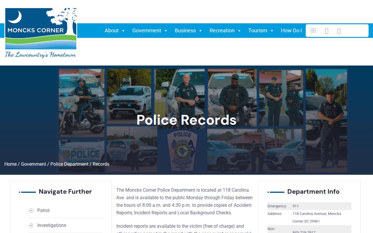 Moncks Corner Police records page with incident and crash report instructions