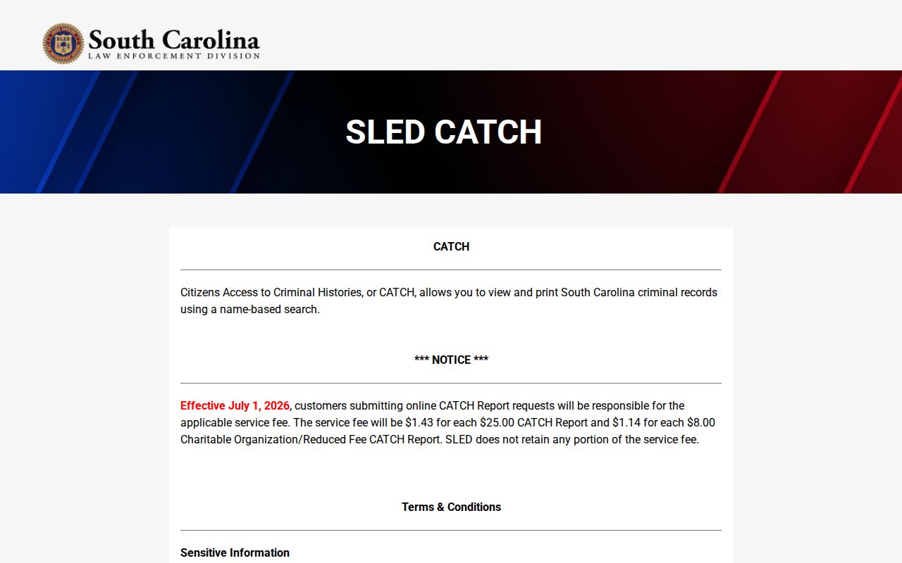 Berkeley County criminal history search terms on SLED CATCH